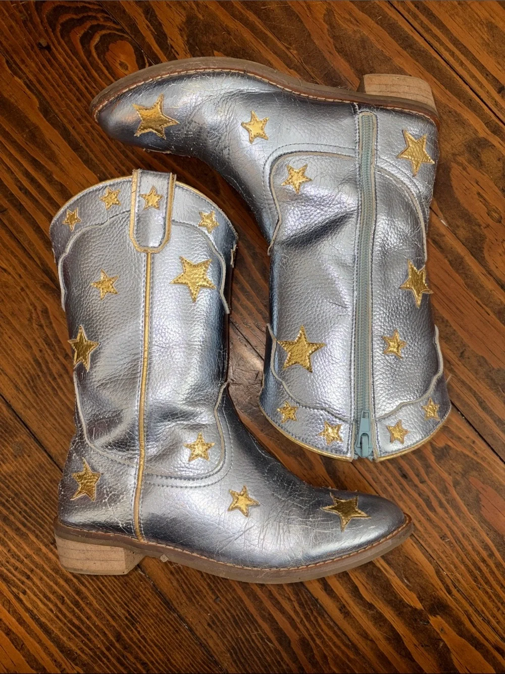 Wild + Rae Kids Metallic Silver Star Western Boots with Gold Star Accents